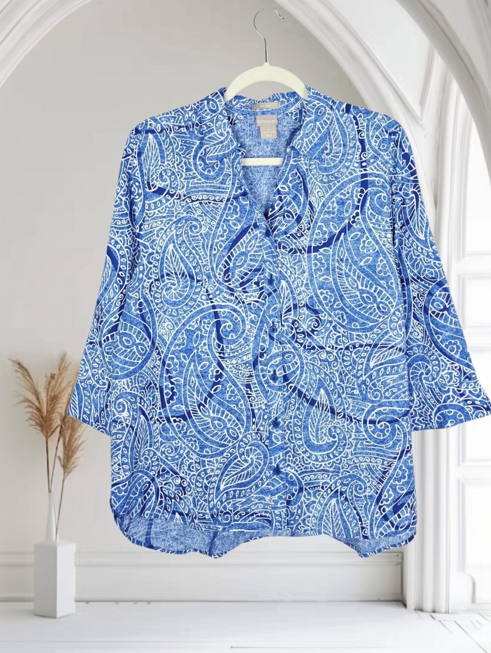 Chicos 100% Linen No Iron Paisley Print 3/4 Sleeve Blouse Size Large